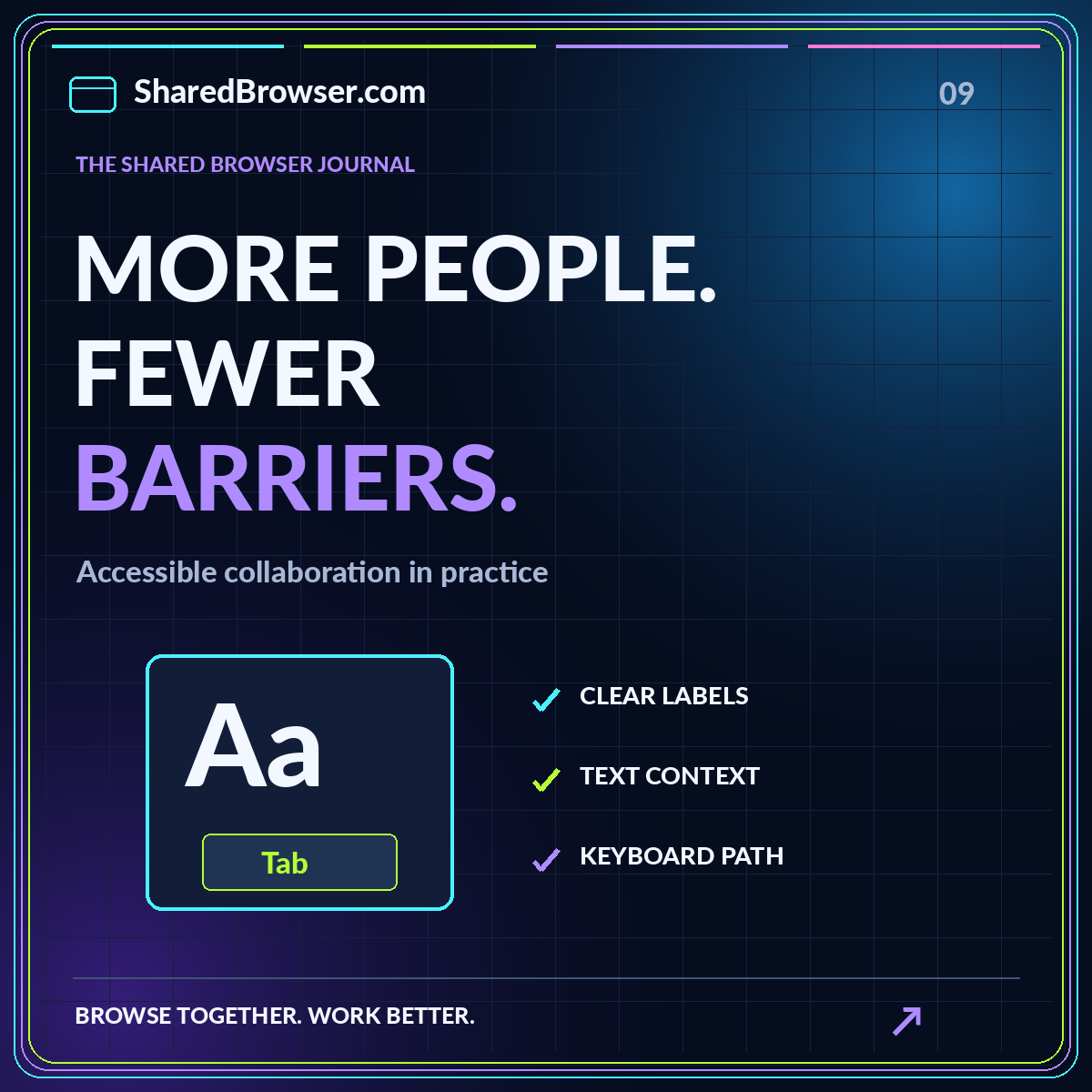 Accessible collaboration in practice: neon browser-themed editorial illustration branded SharedBrowser.com.