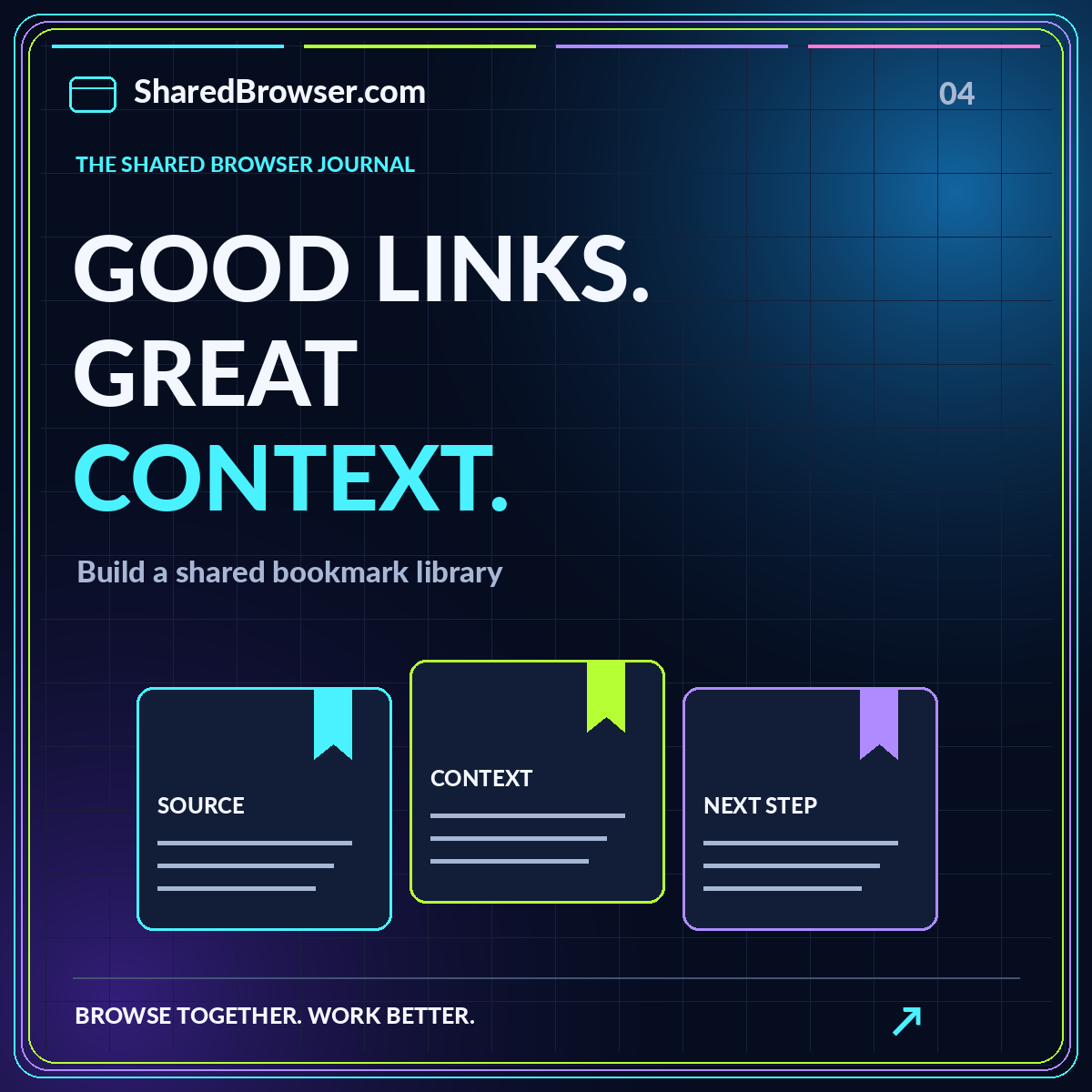 Build a shared bookmark library: neon browser-themed editorial illustration branded SharedBrowser.com.
