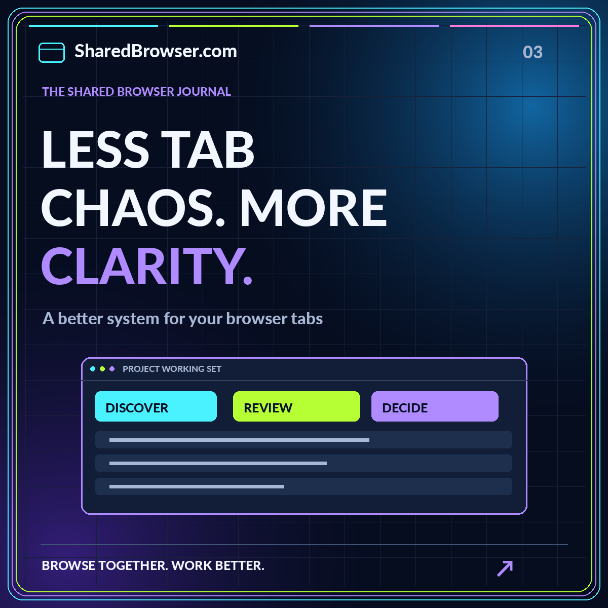A better system for your browser tabs: neon browser-themed editorial illustration branded SharedBrowser.com.